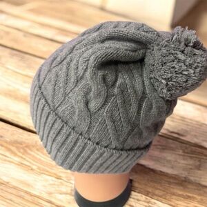 Brooks Brothers Cable Knit Beanie Hat Gray Merino Wool Cashmere Pom One Size NWT